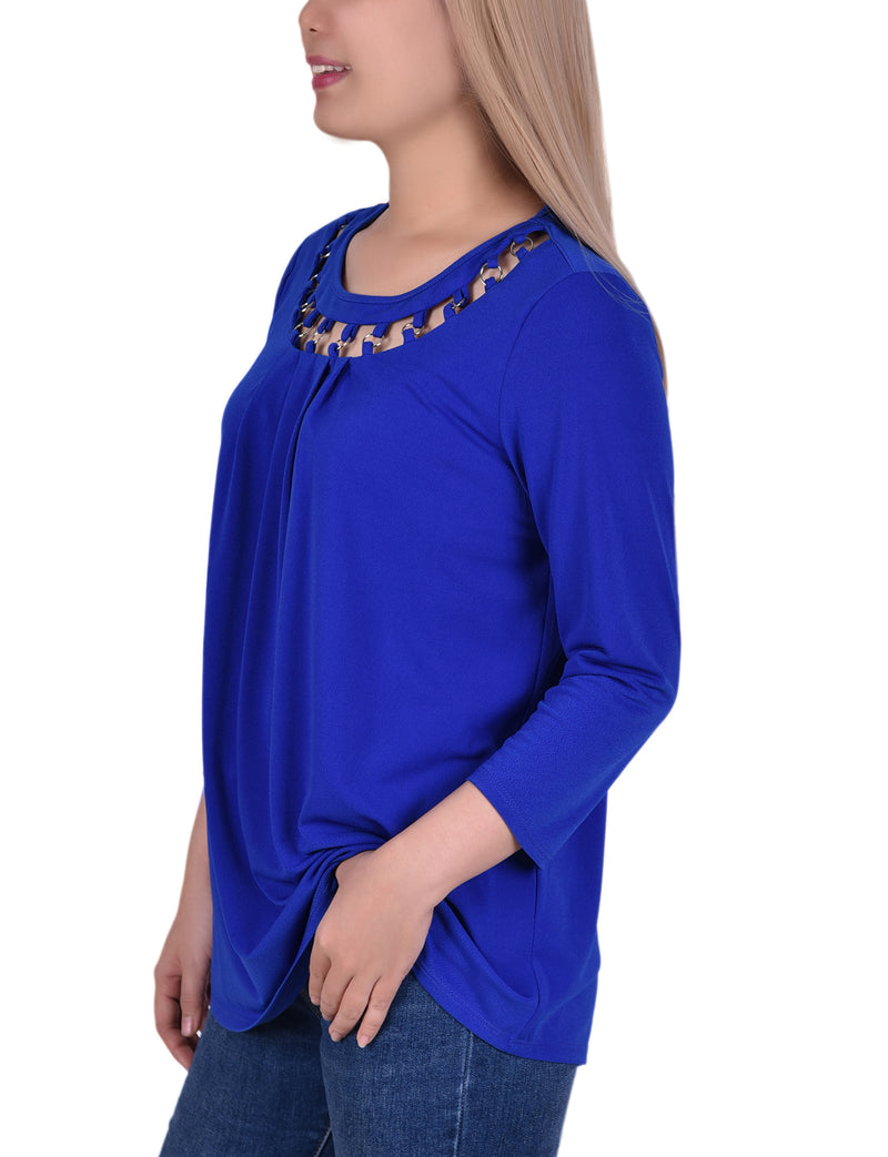3/4 Sleeve Top With Cutout Ringed Neckline