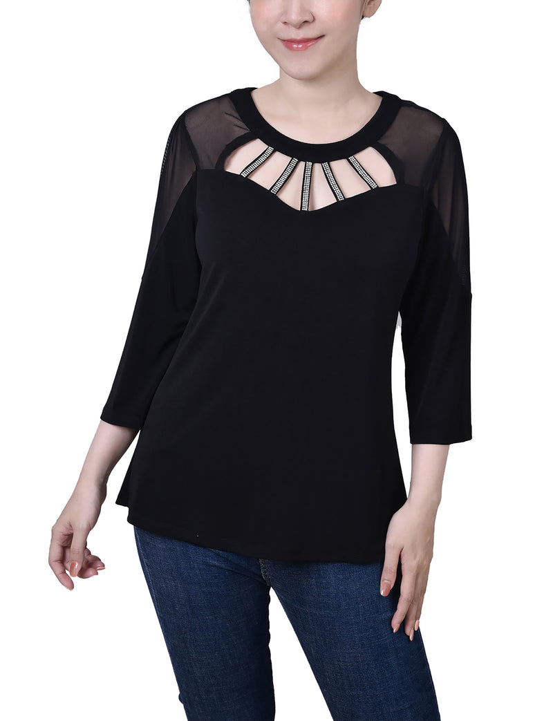 3/4 Sleeve Top With Neckline Cutouts and Stones