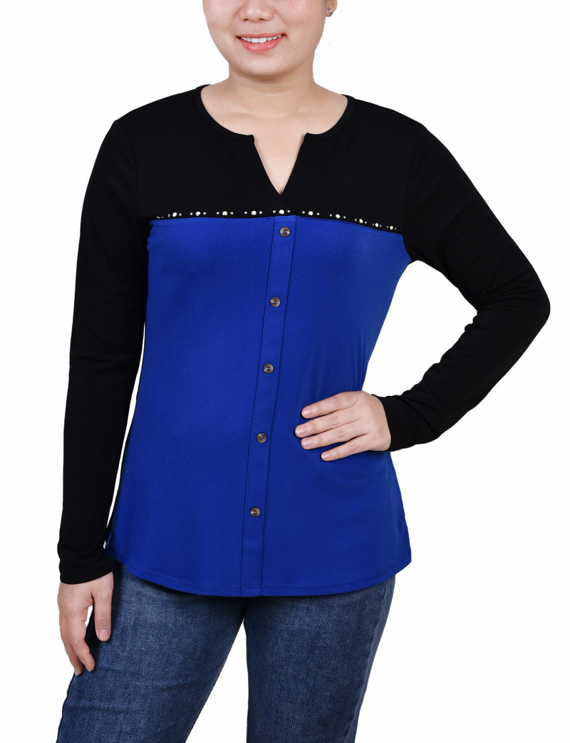 Long Sleeve Studded Colorblocked Split Neck Top