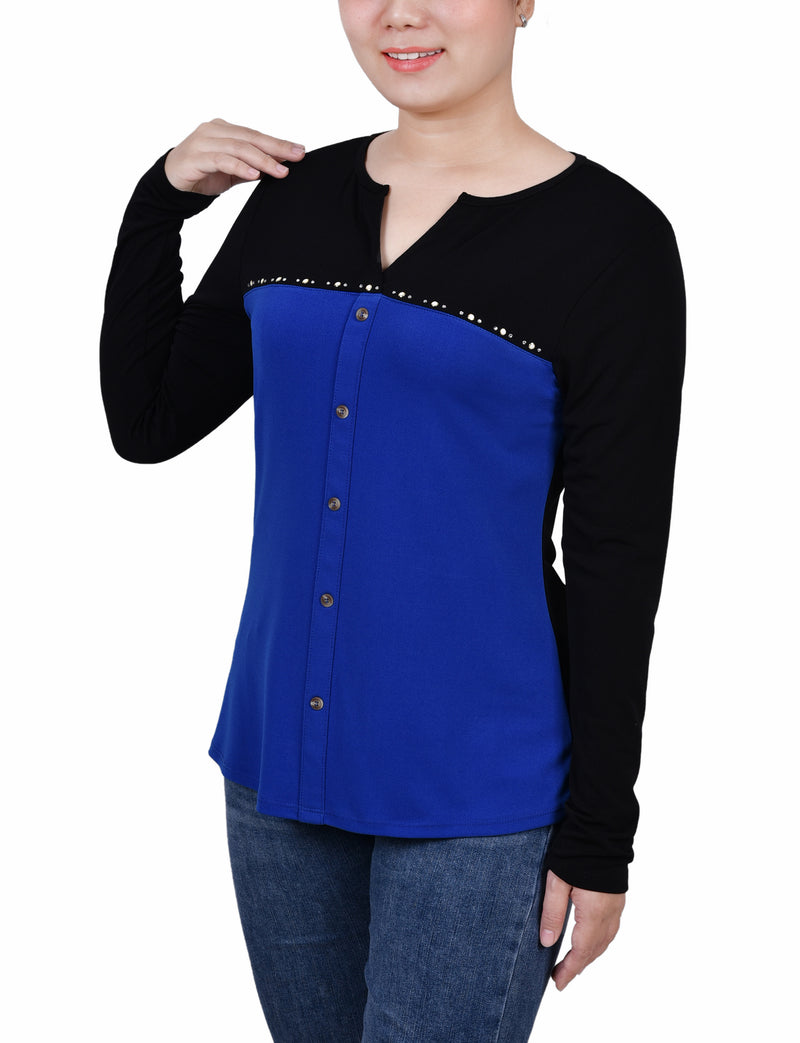 Long Sleeve Studded Colorblocked Split Neck Top