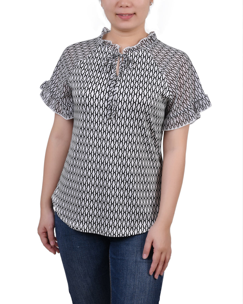 Short Ruffled Sleeve Crepe Knit Top With Chiffon Sleeves