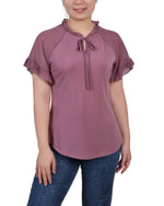 Short Ruffled Sleeve Crepe Knit Top With Chiffon Sleeves
