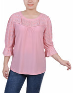3/4 Sleeve Crepe Top With Embroidered Mesh Yoke And Sleeves