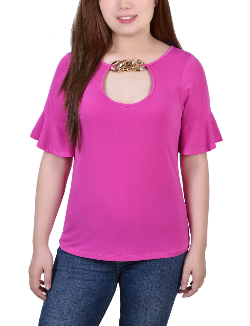 Short Bell Sleeve Top With Chain Hardware