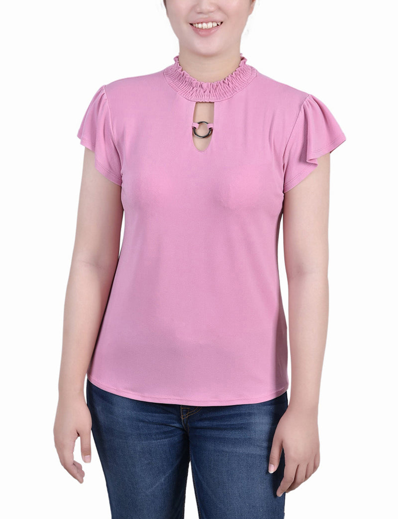 Short Flutter Sleeve Mock Neck Top