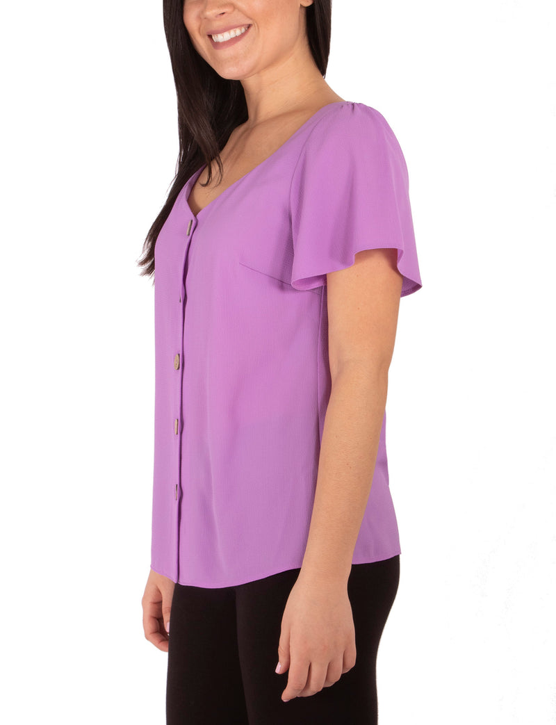 Short Bell Sleeve Crepe Blouse With Princess Neckline