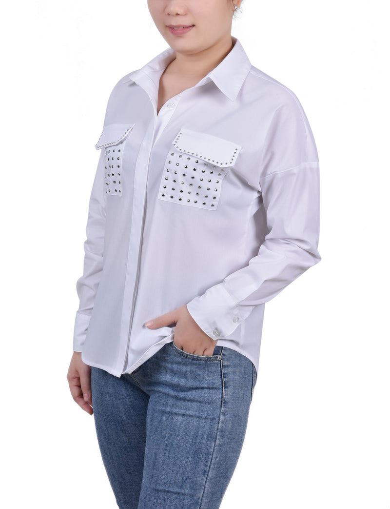 Long Sleeve Hidden Placket Blouse With Studs