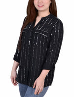 3/4 Sleeve Roll Tab Blouse With Metallic Details