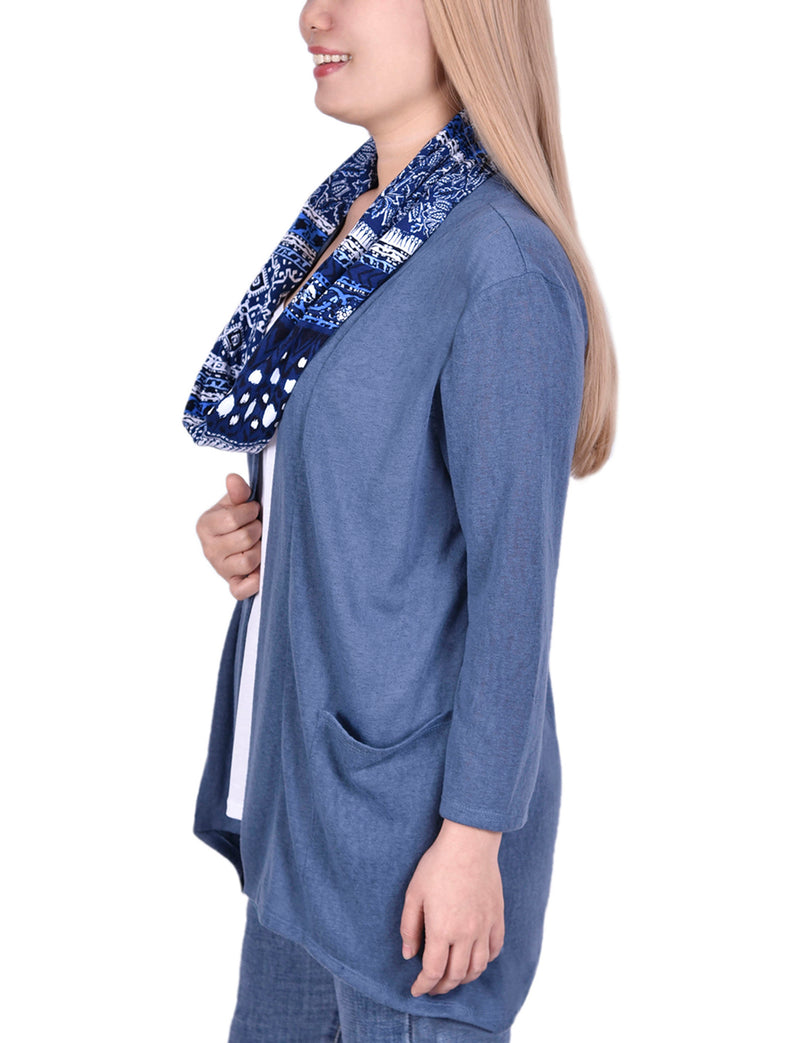 Cardigan With Inset And Detachable Printed Scarf