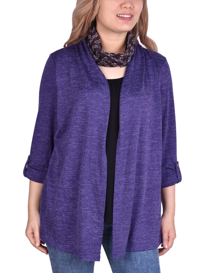 3/4 Sleeve Roll Tab Cardigan With Inset And Printed Scarf
