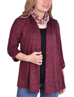 3/4 Sleeve Roll Tab Cardigan With Inset And Printed Scarf