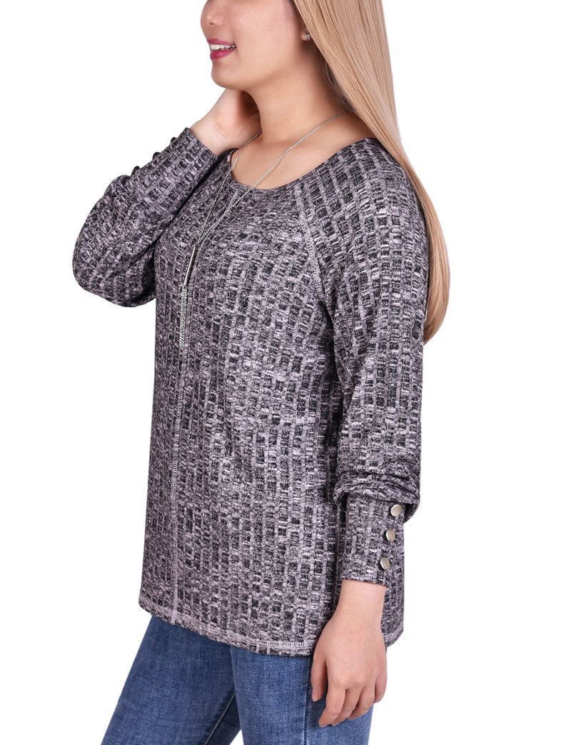 Long Sleeve Ribbed Pullover Top With Detachable Necklace