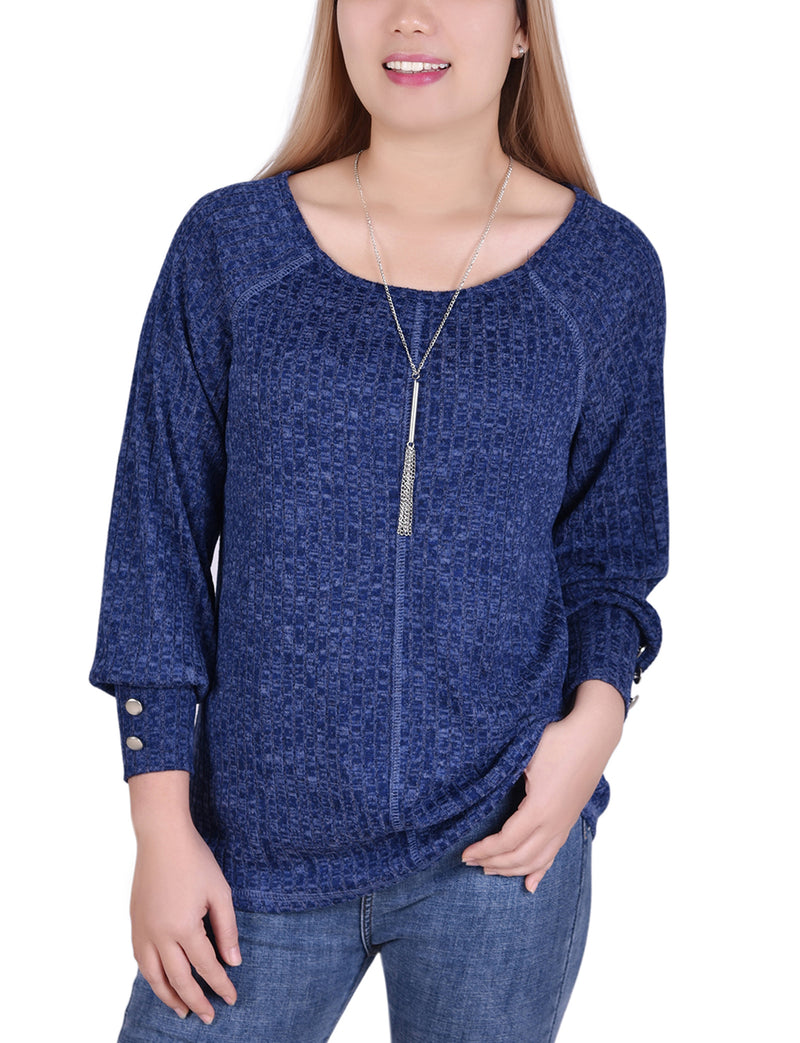 Long Sleeve Ribbed Pullover Top With Detachable Necklace