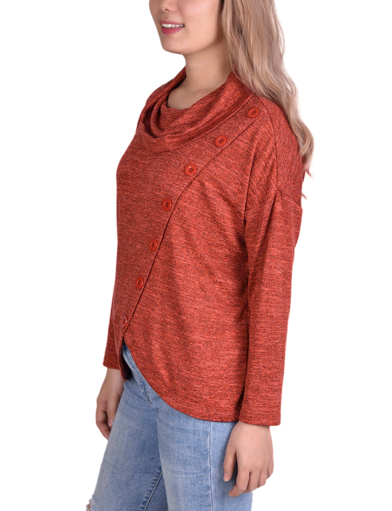 Long Sleeve Cowl Neck Top With Button Detail