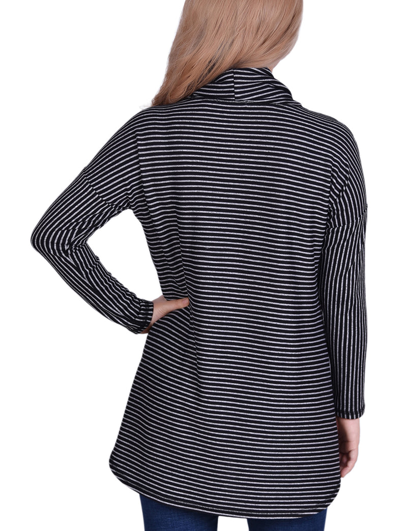 Long Sleeve Mini Striped Seamed Cowl Neck Top