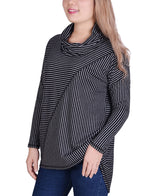 Long Sleeve Mini Striped Seamed Cowl Neck Top