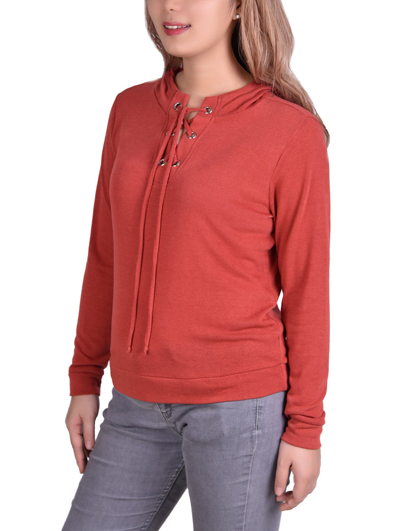 Long Sleeve Hoodie With Laced Yoke Top