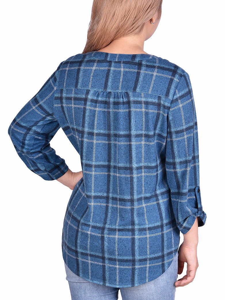 3/4 Sleeve Roll Tab Pintucked Front Pullover Top