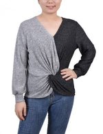 Long Sleeve Twist Front Colorblocked Top