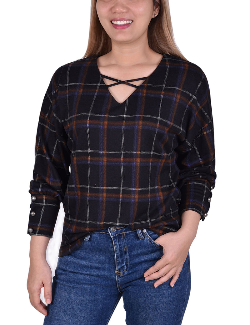Long Sleeve Plaid Criss Cross Top With Wide Cuffs