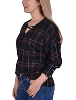 Long Sleeve Plaid Criss Cross Top With Wide Cuffs