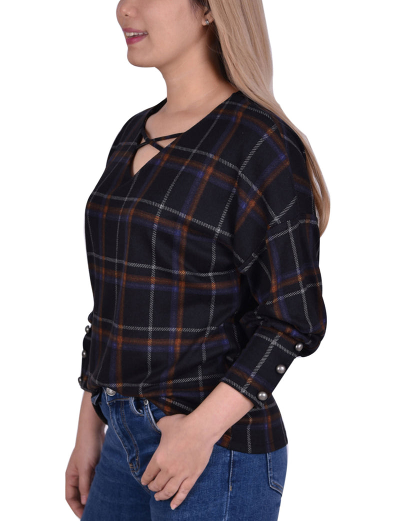 Long Sleeve Plaid Criss Cross Top With Wide Cuffs