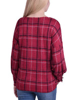 Long Sleeve Plaid Criss Cross Top With Wide Cuffs
