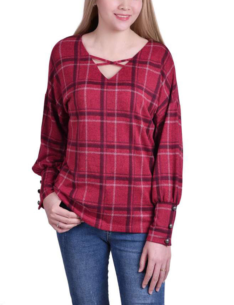 Long Sleeve Plaid Criss Cross Top With Wide Cuffs