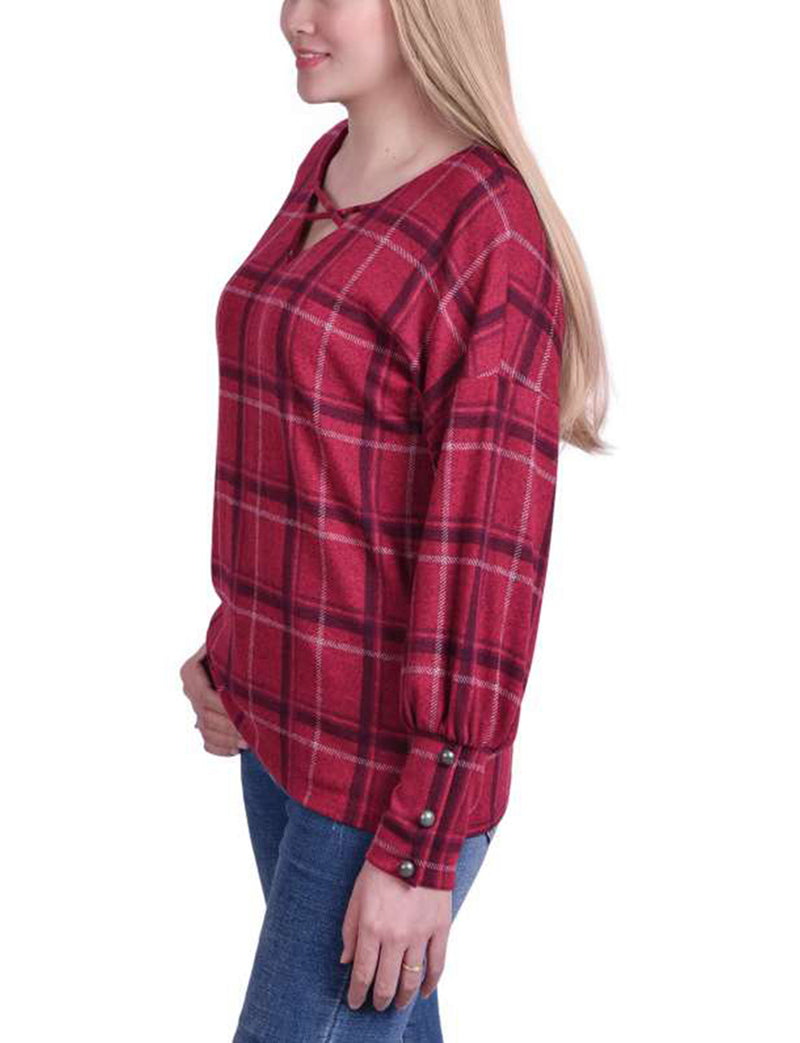 Long Sleeve Plaid Criss Cross Top With Wide Cuffs