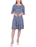 Elbow Sleeve Knit Seamed A-Line Dress