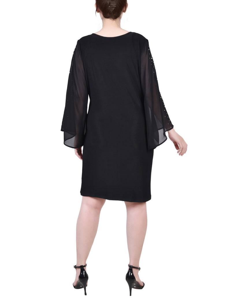 Long Sleeve Surplice Dress With Cold Shoulder Studded Chiffon Sleeve