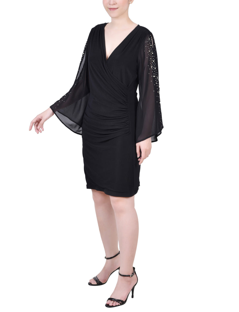 Long Sleeve Surplice Dress With Cold Shoulder Studded Chiffon Sleeve