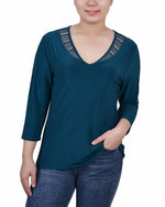 3/4 Sleeve Top With Illusion Neckline and Stones