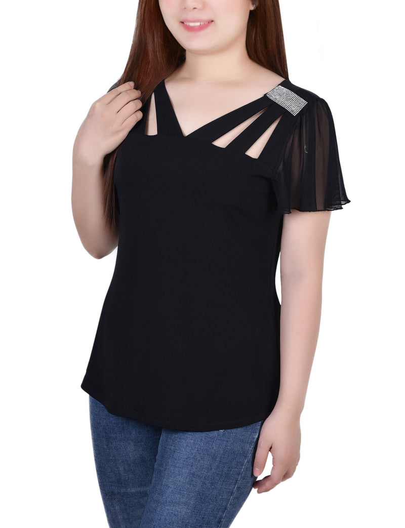 Short Flutter Sleeve Top With Cutouts and Stones