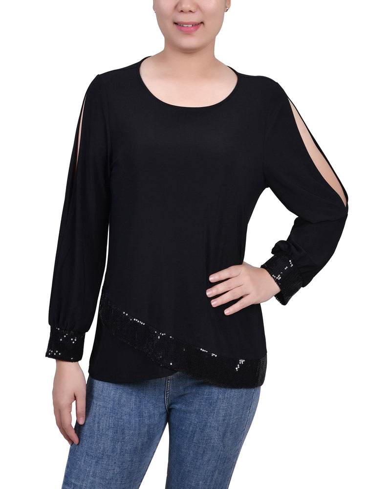 Long Sleeve Knit Top With Sequin Trim