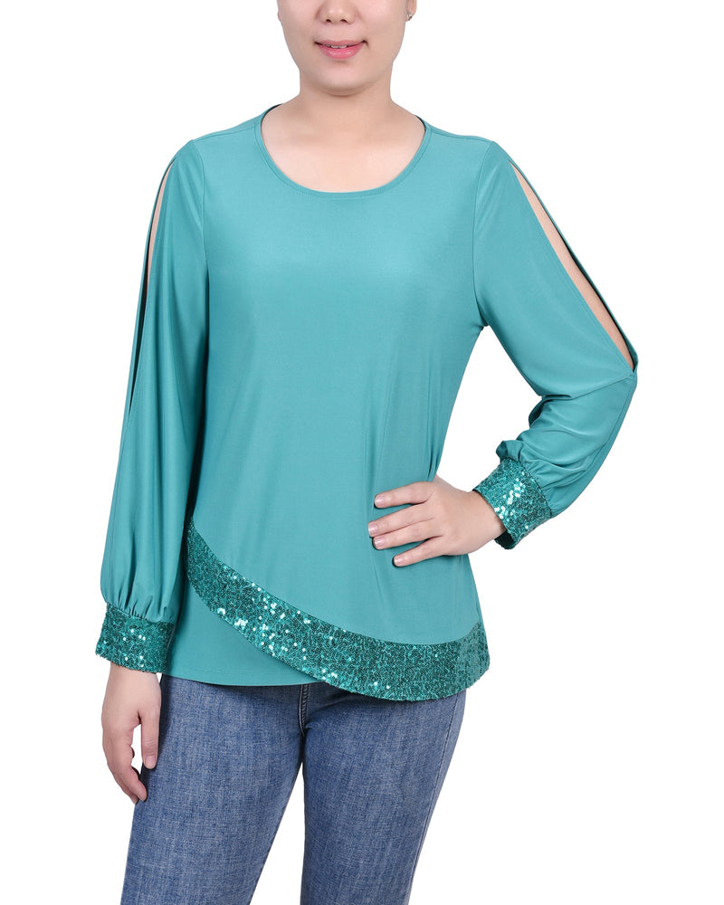 Long Sleeve Knit Top With Sequin Trim
