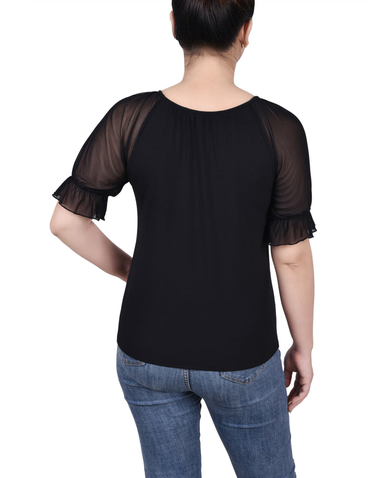 Short Ruffle Sleeve Top With Rhinestones
