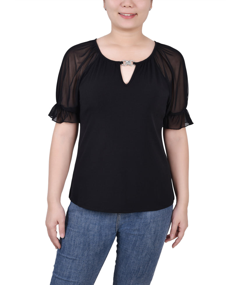 Short Ruffle Sleeve Top With Rhinestones