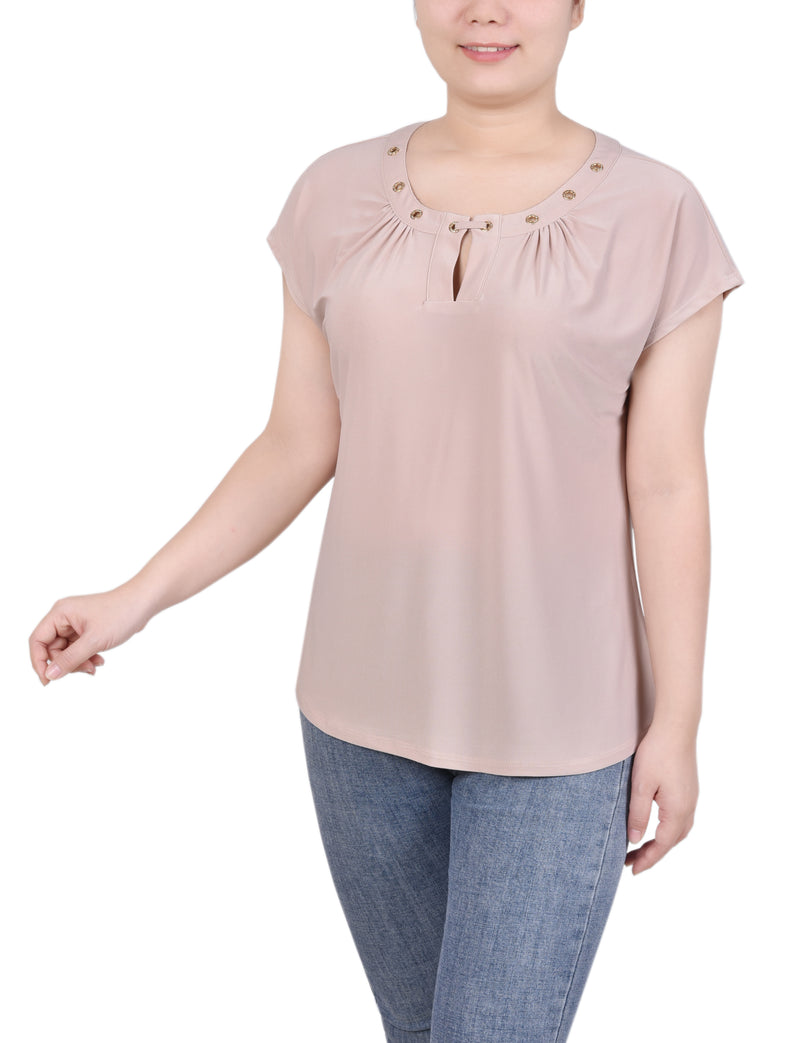 Short Extended-Sleeve Grommet Neck Knit Top