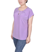 Short Extended-Sleeve Grommet Neck Knit Top