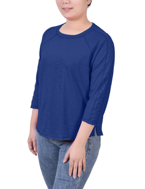 3/4 Sleeve Crew Neck Top With Eyelet Insets