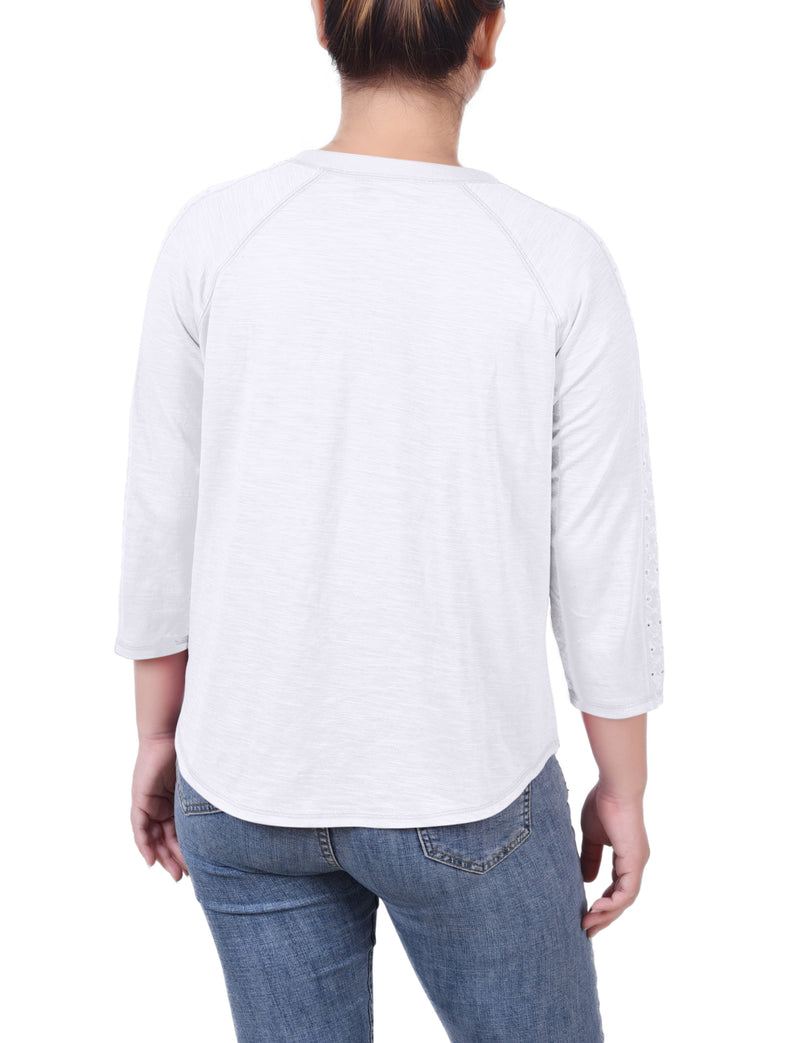 3/4 Sleeve Crew Neck Top With Eyelet Insets