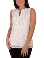 Sleeveless Lace Ruffle Front Y Neck Top