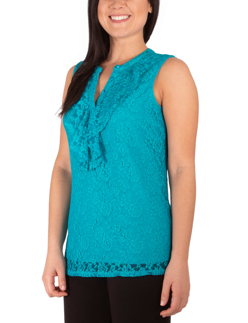 Sleeveless Lace Ruffle Front Y Neck Top