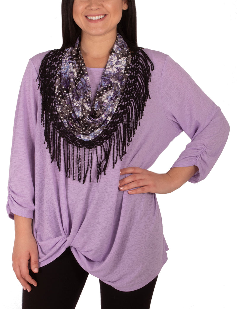 3/4 Ruched Sleeve Knot Top With Fringe Tassel Scarf