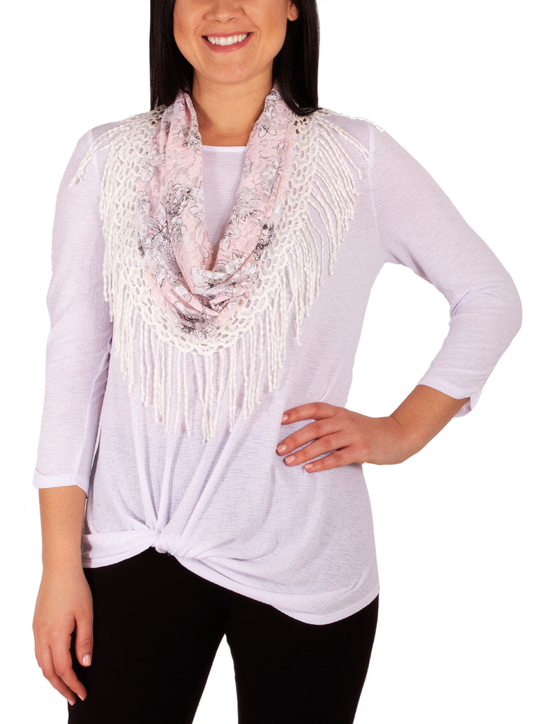 3/4 Ruched Sleeve Knot Top With Fringe Tassel Scarf