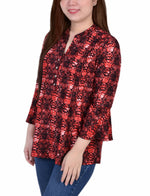 3/4 Bell Sleeve Pleat Front Y Neck Top