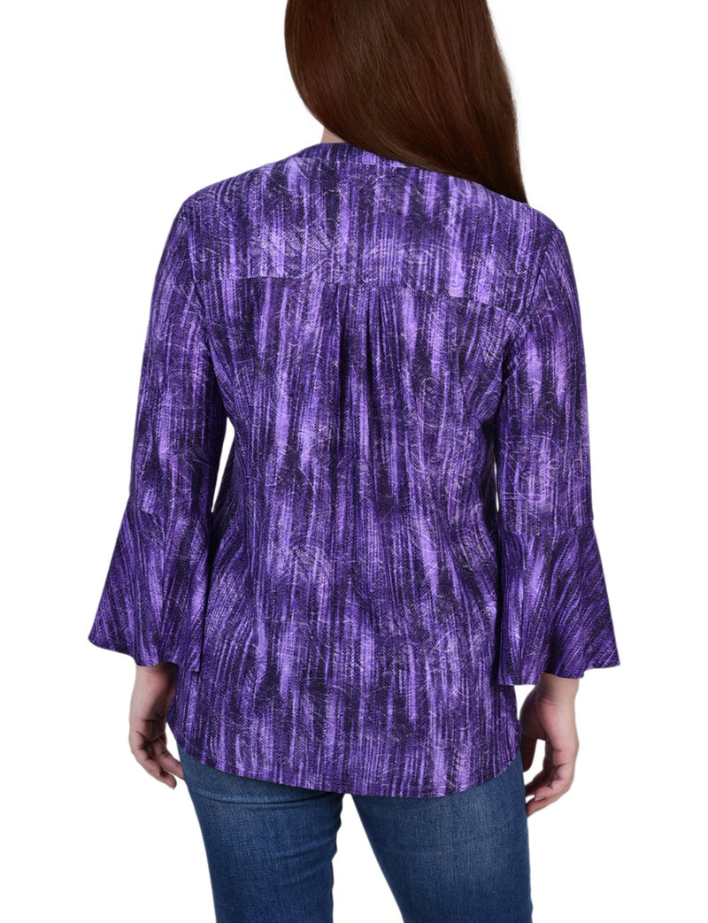 3/4 Bell Sleeve Pleat Front Y Neck Top