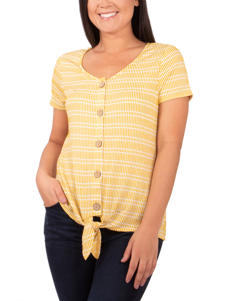 Short Sleeve Button Front Top With Tie At Hem