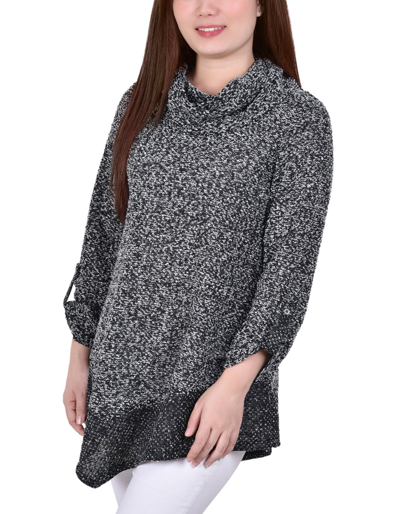 Long Roll Tab Sleeve Nubby Cowl Neck Top